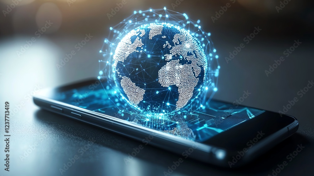 Poster a mobile phone connected to the world wide web via satellite network technology, representing global