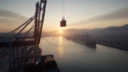 Obraz premium A crane loading a cargo container at sunset on a tranquil river, highlighting industry.