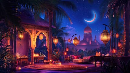 Nighttime Oasis Rooftop; Moonlit Mosque; Relaxing; Romantic Setting