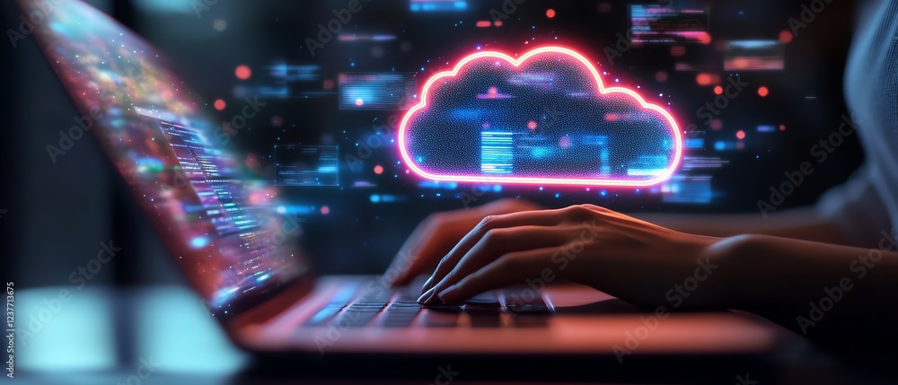Poster A person typing on a laptop with visible cloud storage icons on the screen, digital file pages floating in the background, modern workspace, sleek design, highdefinition detail