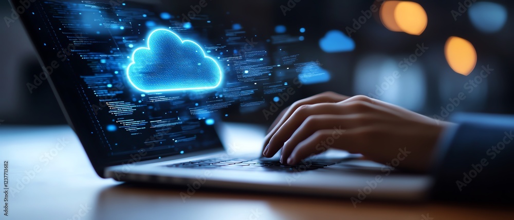 Poster A person typing on a laptop with visible cloud storage icons on the screen, digital file pages floating in the background, modern workspace, sleek design, highdefinition detail