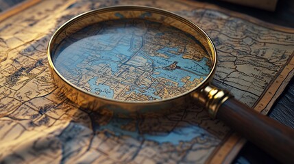 Fototapeta premium Antique Map Exploration Magnifying Glass on Vintage Chart