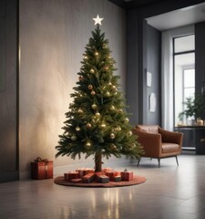 Modern Christmas tree with sleek and minimalist decor, sleek decor, abstract patterns