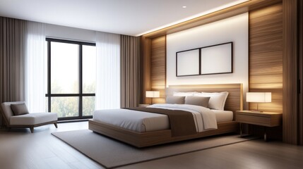 Modern Bedroom Interior with Wooden Elements and Large Windows Featuring Soft Lighting and Cozy Atmosphere