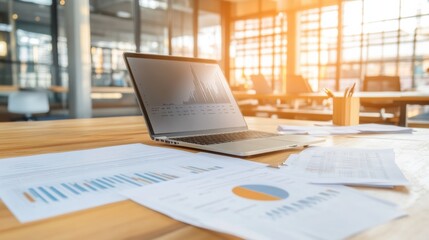 A modern workspace featuring a laptop, charts, and documents on a wooden desk.