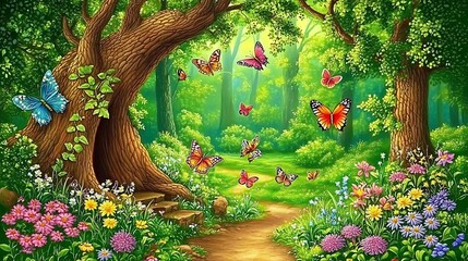 Obraz premium Butterflies flutter through a sunny forest path