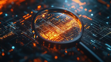 Magnifying Glass Over Circuit Board  Data Analysis  Technology