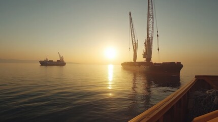 Obraz premium A serene sunset view with ships on calm waters, portraying tranquility and transport.