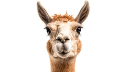 Funny llama posing for a close-up portrait on a transparent background