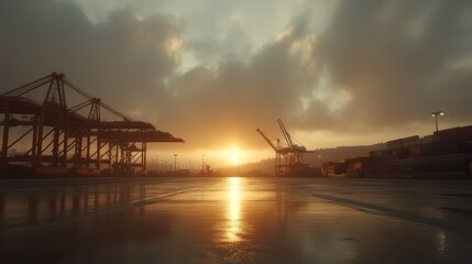 Obraz premium A stunning sunset over a busy shipping port with cranes silhouetted against the sky.