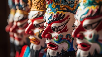 Fototapeta premium Traditional Chinese Masks: A row of vibrantly painted masks, each with intricate details and expressive features, showcasing the artistry and symbolism of Chinese traditional culture. 