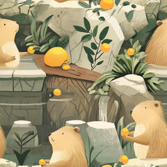 Seamless pattern of Capybaras in hot spring in the park  illustrtion.