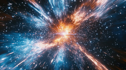 Obraz premium A breathtaking celestial background, with a radiant explosion of warm and cool tones--midnight blues, fiery oranges