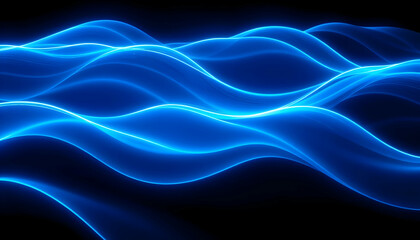Abstract blue waves, glowing energy, flowing lines, electric blue, black background, luminous trails, dynamic motion, ethereal light, smooth curves, futuristic design, digital art, neon effect, sleek 