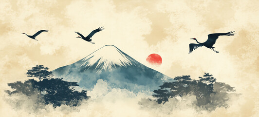 abstract grunge mountain Fuji background with crane birds with Chinese painting texture illustration.