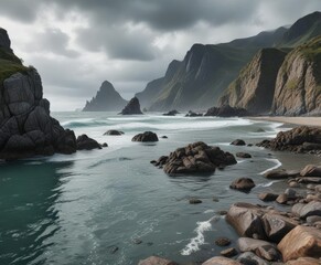 Overcast sky and rugged coastline at Gertner Bay, horizon, rocky shore