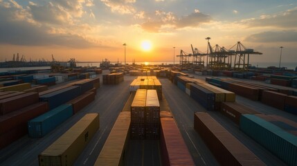 Aerial view of shipping containers at port during sunset, showcasing industry and transport.