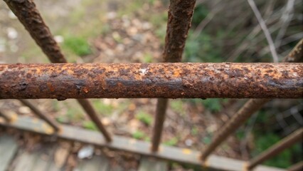 Overhead shot of a rusty metal bar with blurred surroundings and focus on the object, focused object, overhead view, weathered steel, metallic surface, industrial texture