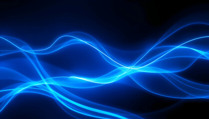 Fototapeta premium Abstract blue waves, glowing energy, flowing lines, electric blue, black background, luminous trails, dynamic motion, ethereal light, smooth curves, futuristic design, digital art, neon effect, sleek 
