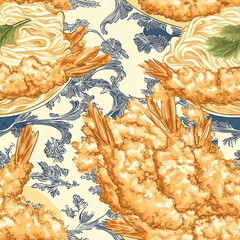seamless pattern with Shrimp Tempura Ramen. Japanese noodles in vintage style.