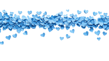 Many light blue paper hearts falling on transparent background