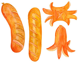 手描き水彩の美味しそうなウインナーのセットイラスト
