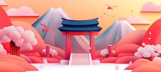 chinese temple in the morning background. Gate, mountain, bird and cherry blossom flower elements.