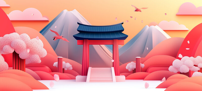 chinese temple in the morning background. Gate, mountain, bird and cherry blossom flower elements.