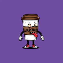 Zombified Coffee Cup Character Groovy Cartoon Illustration