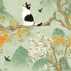 Seamless cat pattern in Chinese style. Mountain and cherry blossom flower decoration background.