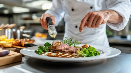 Chef skillfully drizzling sauce over a beautifully plated gourmet dish.