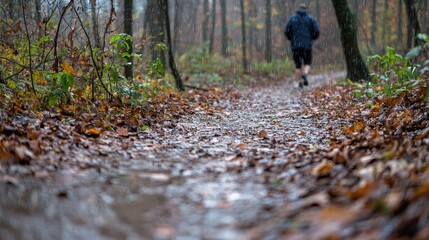 Man jogging autumn trail, leaves, forest, rain