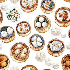 set of different Chinese food. Dim sum in illustration style.