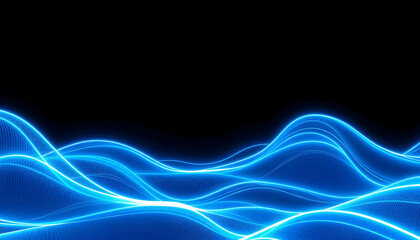 Fototapeta premium Abstract blue waves, glowing energy, flowing lines, electric blue, black background, luminous trails, dynamic motion, ethereal light, smooth curves, futuristic design, digital art, neon effect, sleek 