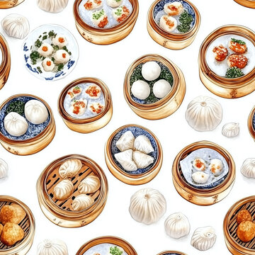 set of different Chinese food. Dim sum in illustration style.