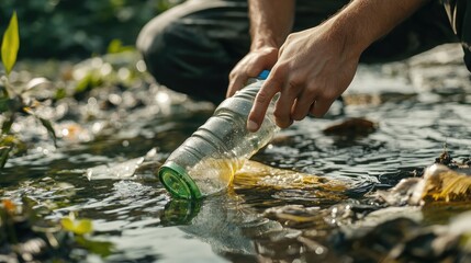 A discarded plastic bottle being pulled from a river for recycling