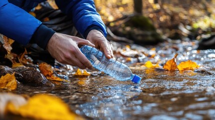 A discarded plastic bottle being pulled from a river for recycling