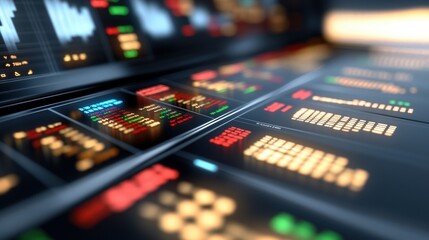 Close-up of a futuristic control panel with glowing buttons and data displays.