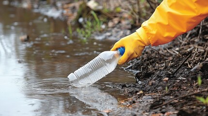 Obraz premium A discarded plastic bottle being pulled from a river for recycling
