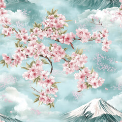 spring cherry blossom flower with mountain seamless pattern in Chinese painting style.