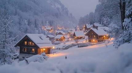 Enchanted Winter Village: A Snowy Haven Nestled in the Mountains