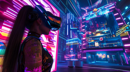 Obraz premium Girl in glasses of virtual reality. Augmented reality game, future technology, AI concept. VR. Neon light.