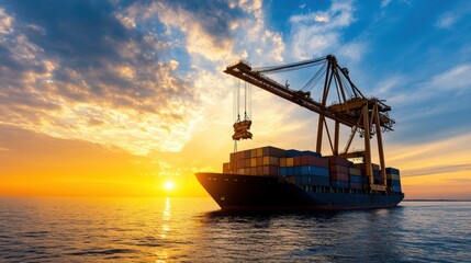 Obraz premium Container ship at sunset with crane in action, symbolizing global trade and transport.