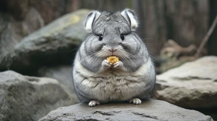 Fototapeta premium A fluffy chinchilla sitting on a rock, nibbling on a tiny piece of food