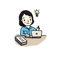 woman working and get a great idea, hand drawn style vector illustration