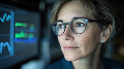 Focused professional analyzing data on computer screen in modern office setting.