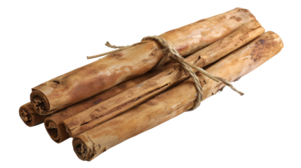 Bundle of cinnamon sticks tied with twine on transparent background