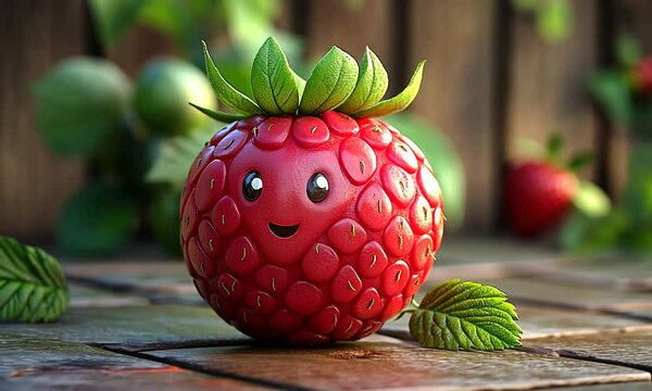 Cheerful cartoon raspberry with a smiling face and green leaves, set on a wooden table surrounded by fresh berries