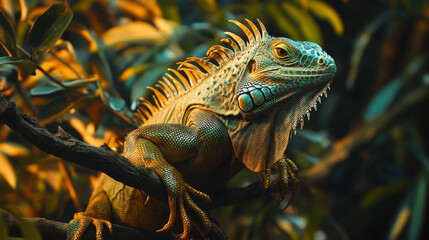 Fototapeta premium Green Iguana closeup on branch, animal closeup