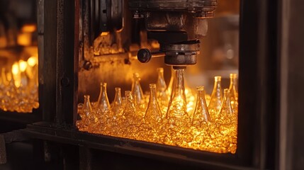 A glass furnace melting recycled glass to create new bottles